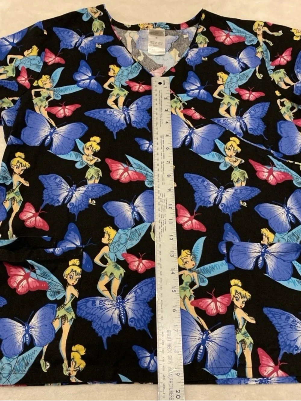 Disney Black V-Neck Short Sleeve Scrub Top with Blue & Pink Butterfly Print